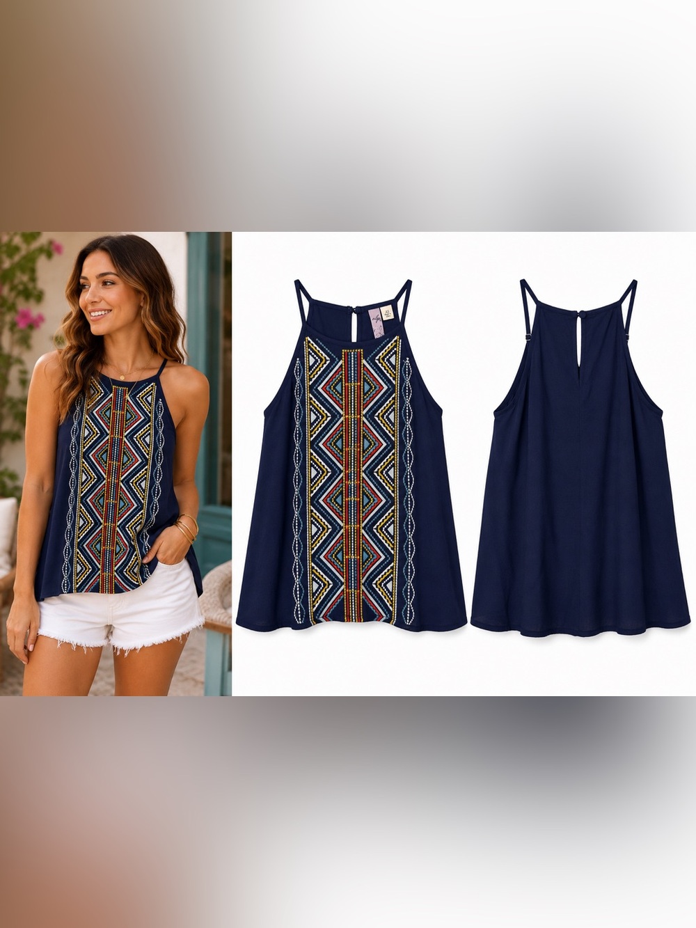 Alya Embroidered Geometric Tank Navy Boho Sleeveless Top XS